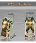 4-Pack Heavy-Duty 660 Lbs Each 2-Inch V-Groove Casters With Brackets shown with measurements for sliding gates and industrial machines.