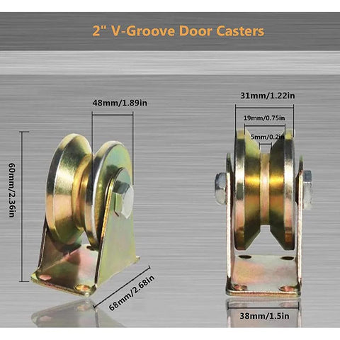4-Pack Heavy-Duty 660 Lbs Each 2-Inch V-Groove Casters With Brackets shown with measurements for sliding gates and industrial machines.