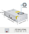 12V 50A 600W DC Switching Power Supply Adapter for LED Drivers Motors Printers with dimensions and cooling fan
