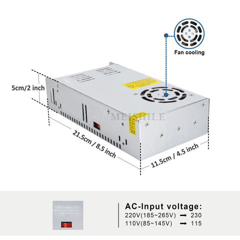 12V 50A 600W DC Switching Power Supply Adapter for LED Drivers Motors Printers with dimensions and cooling fan