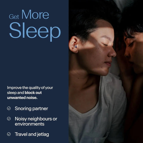 Two people sleeping side by side in a dark room with text about noise reduction and improving sleep quality.