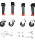 Tough As Nails Heavy Duty Workbench Casters With Three Inch Polyurethane Wheels And Retractable Pull Pins Featuring Smart Auto Lifting For Hassle Free Rollout set including metal casters and hardware.