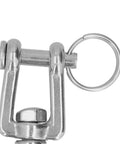 Heavy Duty Lifting Clevis Chain Hook Set close-up of stainless steel safety latch mechanism, 360 rotating feature.