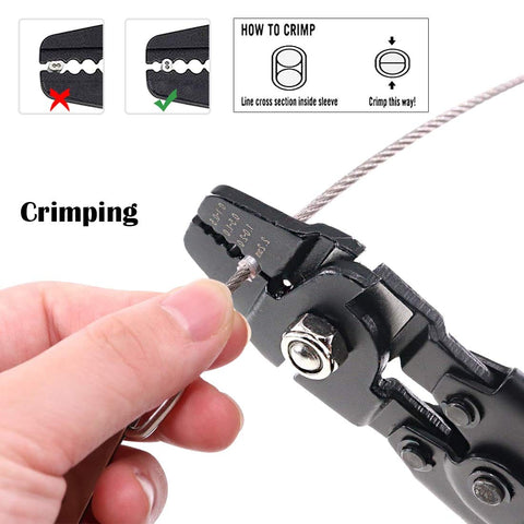 Close-up of Heavy Duty Wire Rope Crimping Tool Set With 180 Pcs Aluminum Double Barrel Ferrule Sleeves 1.2mm 1.5mm 2mm Pouch Included Crimp Pliers For Fishing Marine And DIY Rigging in use
