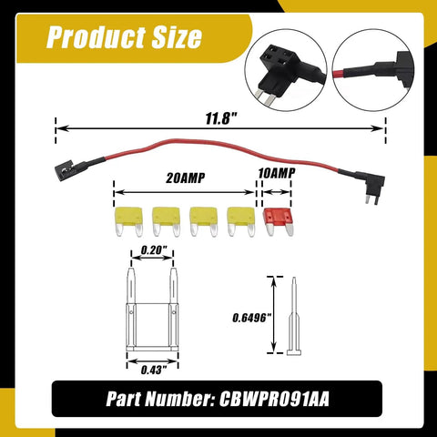 TIPM Repair And Fuel Pump Relay Bypass Cable Plug And Play Kit with 20A fuse holder adapter and dimensions.