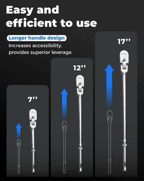 Flexible Head Ratchet Set With One Quarter Inch, Three Eighths Inch, And One Half Inch Drives, longer handle length sizes