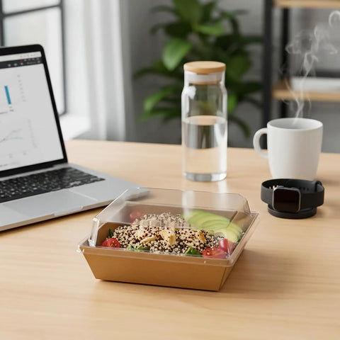 Brown charcuterie box with clear lid on desk with laptop, salad inside. 100 Pack Charcuterie Boxes With Clear Lids, 5.4 By 5 By 2.5 Inches