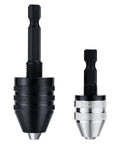 2-pack drill chuck adapters with 1/4-inch hex shanks; front black adapter and side-silver knurled adapter.