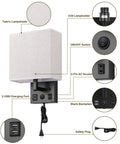 Diagram of Dope Modern Plug In Wall Sconces Set Of 2 with USB Charging Ports and Built In AC Outlet silver finish linen shade features