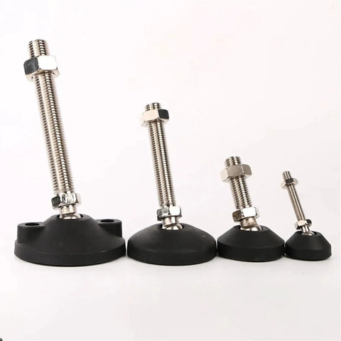 Adjustable Leveling Feet Made From Nylon And Stainless Steel For Durability And Corrosion Resistance, Heavy Duty Base Options 40 50 60mm, M8 M10 M12 Threads, 50 80 100 150mm Bolt Lengths, Easy Height Tuning For Furniture And Equipment. Black adjustable leveling feet with stainless steel bolts in four sizes