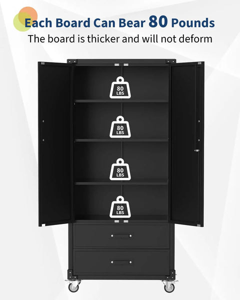 Open Beefy 72 Inch Metal Storage Cabinet on wheels showing adjustable shelves with load capacity labels