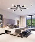 Six Light Semi Flush Mount Sputnik Ceiling Light Fixture Slick Black Metal Chandelier With E26 Base in modern bedroom