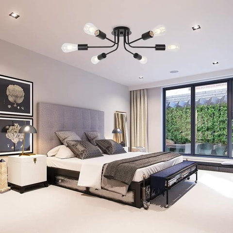 Six Light Semi Flush Mount Sputnik Ceiling Light Fixture Slick Black Metal Chandelier With E26 Base in modern bedroom