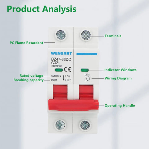 DC Miniature Circuit Breaker DZ47-63Z 500V 2 Pole 32A front view with terminals, indicator windows, and operating handle visible.
