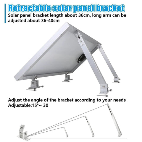 Adjustable Tilt Solar Panel Mount Brackets Aluminum Alloy For Flat Roofs RV Boats And Off Grid Installations Up To 400W Panels 15 To 30 Degree Tilt Mounting Support Silver Mount Only with adjustable arms shown from side angle.