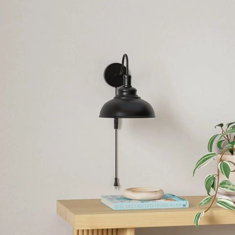 Black Gooseneck Industrial Wall Sconces With E26 Base Plug In Dimmer Vintage Farmhouse Vibe For Bedroom Nightstand on wall