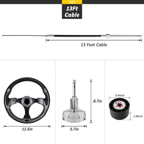 Boat Steering System With Thirteen Foot Cable Outboard Steering Kit Three Quarter Inch Standard Tapered Shaft Beefed Up Wheel