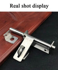 Heavy Duty Stainless Steel Sliding Door Bolt Gate Latch With Padlock Hole Works Both Ways For Left Right Swinging Doors close-up view on wooden surface