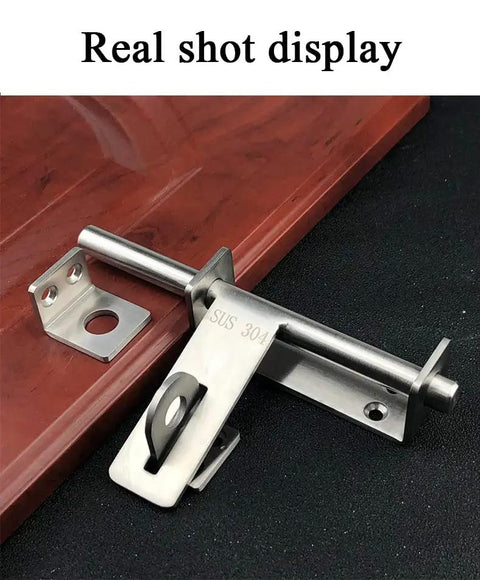Heavy Duty Stainless Steel Sliding Door Bolt Gate Latch With Padlock Hole Works Both Ways For Left Right Swinging Doors close-up view on wooden surface