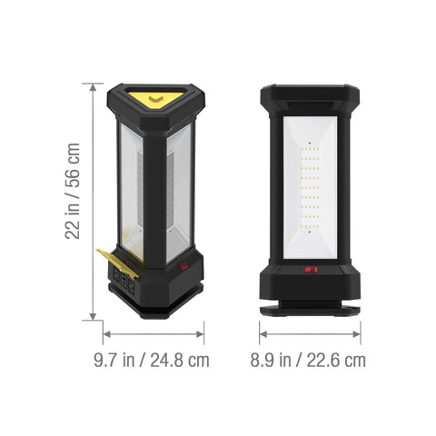 Tower Work Light Delivers 9000 Lumen Brightness With Full 360 Degree Illumination, dimensions and USB A port visible