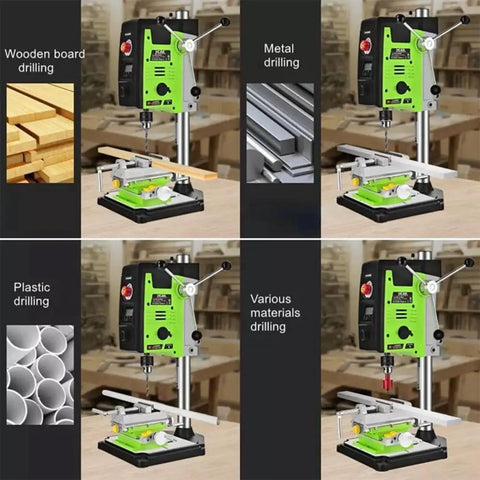 Heavy Duty 800W Bench Drill Press With Clear Digital Panel And Six Smooth Speed Gears Running Up To 2500 RPM performing various material drilling.