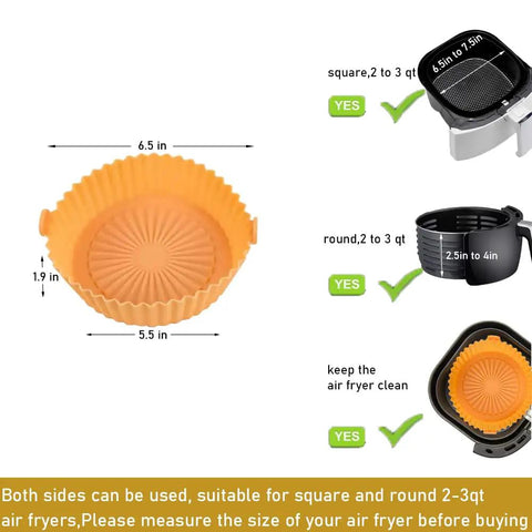 Silicone Air Fryer Liners For Small 2Qt Fryers 2 Pack Reusable Nonstick Liners In Blue And Orange With Contoured Ridges For Even Heating And Easy Cleanup. Image shows orange liner dimensions and compatibility with 2 to 3 qt fryers.