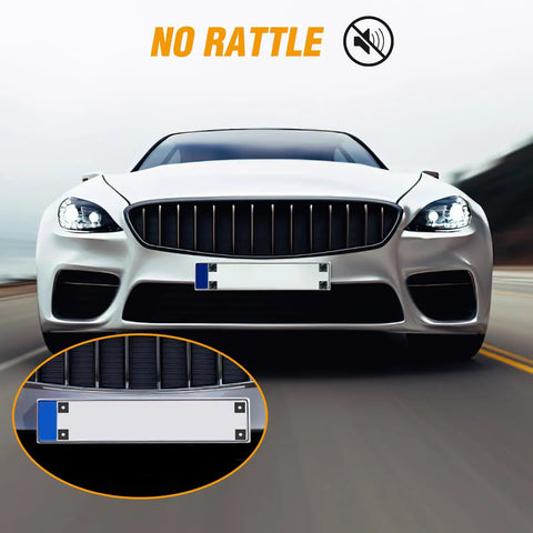 License Plate Screw Kit For Front And Back Plates On Cars SUVs And Trucks Black Zinc Plated Rust Proof And Anti Rattle Bolts Set Of Eight For Quick No Hassle Secure Mounting installed on a white car with close-up view