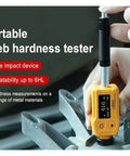 Top Shelf Digital Leeb Hardness Tester Portable Handheld Metal Durometer Built Tough For Thin Steel Parts And Hard Surface Layers With Zero Hassle Dual Coil Technology measuring steel material with a C-type probe.