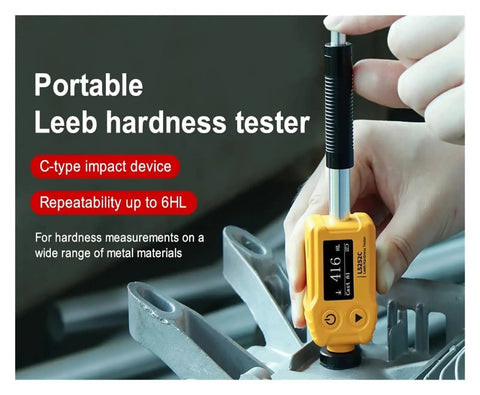 Top Shelf Digital Leeb Hardness Tester Portable Handheld Metal Durometer Built Tough For Thin Steel Parts And Hard Surface Layers With Zero Hassle Dual Coil Technology measuring steel material with a C-type probe.