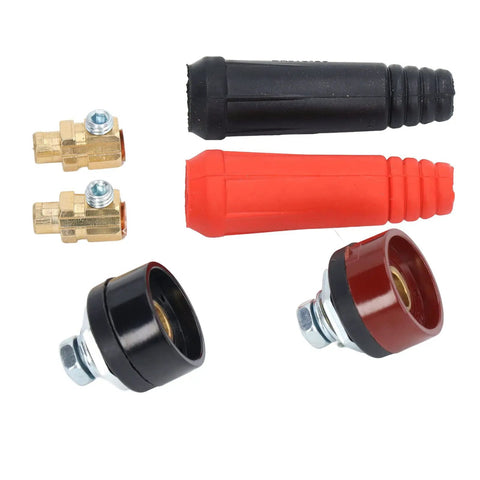 12 Piece Welding Cable Panel Connector Set with Quick Fit Design showing red and black ABS connectors for power supplies and welding workshops.