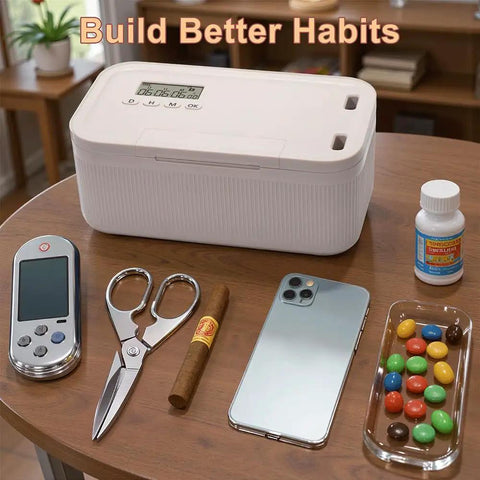 Portable Time Lock Storage Box With Precision Digital Timer Sets For Zero To Thirty Days displayed with phone, snacks, and personal items.