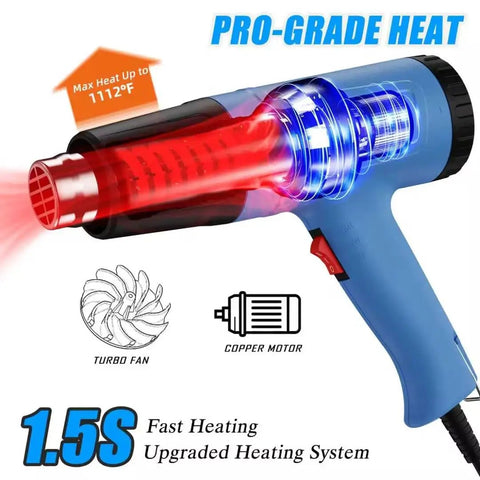 Powerful 900W Heat Gun With Dual Temperature Settings 572 F And 1112 F, blue, showing heating elements and turbo fan