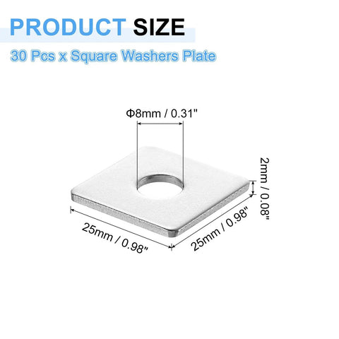Top Shelf 304 Stainless Steel Square Washers 1 Inch Flat Pads for 5/16 In Bolt with measurements and size details.