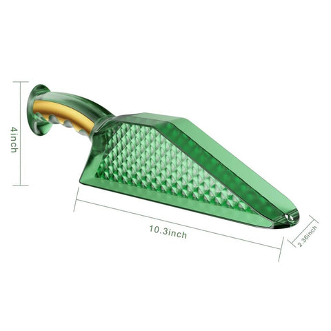 Green ergonomic mattress lifter wedge and bed maker tool with dimensions for one-person bed making and sheets change.