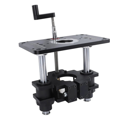 Heavy Duty Router Lift Table Insert Kit With Tough As Nails Aluminum Plate and three easy grip rings showing precision components