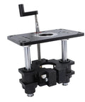 Slick Heavy Duty Aluminum Router Lifting System With Adjustable Table Mount Plate And Quick Grip Clamp Setup showing adjustable plate and clamp.