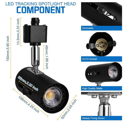 Dimmable LED Track Lighting Heads For H Type Systems, Flexible 330 Degree Rotation And 90 Degree Tilt, black spotlight components