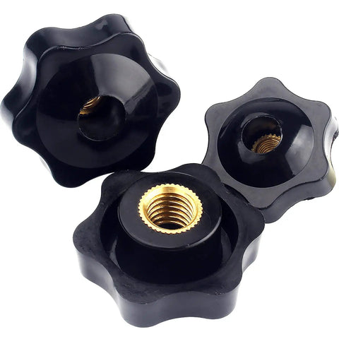 Star Shaped Knurled M8 Grippy Clamping Knobs Black Plastic Screw On Type With Threaded Grips For Lawn Mower Handles And Machinery Latches 12 Piece Assortment Kit.
