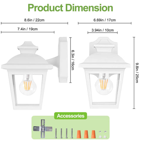 Outdoor Wall Lantern No Fuss Waterproof Porch Light For Front Door Garage And Patio With Anti Corrosion Plastic Build And Clear Acrylic Panels White Finish Bulb Included Sconce Fixture dimensions and accessories shown.