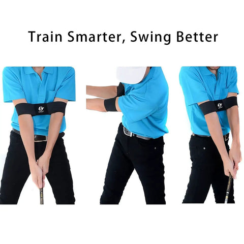 Man using Golf Grip Trainer 2 Pack with Swing Correcting Arm Band for consistent swings on practice kit