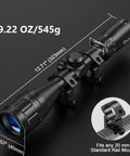 Three To Nine X Forty AO Rifle Scope With R4 Reticle And Crosshair, 20mm Mounts, Black Finish, showing dimensions and weight