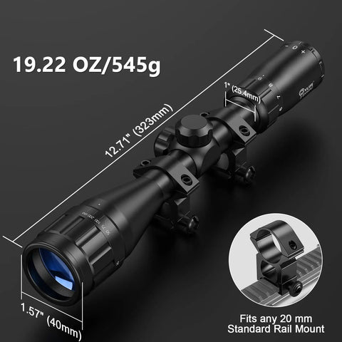 Three To Nine X Forty AO Rifle Scope With R4 Reticle And Crosshair, 20mm Mounts, Black Finish, showing dimensions and weight