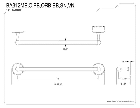 Diagram of Classic 18 Inch Towel Bar In Polished Brass With Premium Finish Built To Last Two And Three Quarters Inch Diameter Bases.