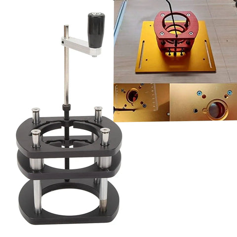 DIY Aluminum Router Lift Table Base With Four Jaw Clamps For Woodworking, Easy Install, Adjustable Lift Up To 51mm, Fits Router Spindle Diameters 64mm To 66mm, Ideal For Small Trimming Machines, aluminum lift base with crank handle and clamps