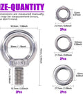 Eight Piece M14 Male Thread Eye Bolt Kit Stainless Steel 304 For Lifting And Rigging Includes Two Eye Bolts Two Lock Nuts Two Lock Washers And Two Flat Washers Perfect For Hoisting Boats Marine And Industrial Use, size chart