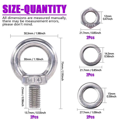 Eight Piece M14 Male Thread Eye Bolt Kit Stainless Steel 304 For Lifting And Rigging Includes Two Eye Bolts Two Lock Nuts Two Lock Washers And Two Flat Washers Perfect For Hoisting Boats Marine And Industrial Use, size chart