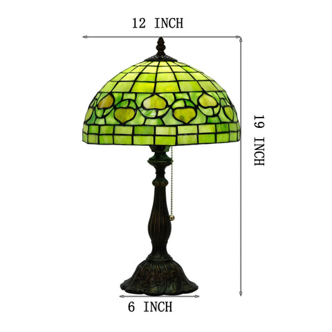 Tiffany Style Stained Glass Table Lamp With 12 Inch Shade And 19 Inch Tall Antique Bronze Base UL Listed Reading Light Pull Chain Easy Assembly Cozy Glow Vibe Green Apple Heart Pattern