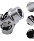 Smooth Single Shaft Universal Joint Made From Premium Stainless Steel For Heavy Duty Car Steering, Quick And Easy Install Kit With 3/4 Inch Ends That Fit Most Vehicles Perfectly. Close-up of stainless steel U joint with 3/4 inch ends