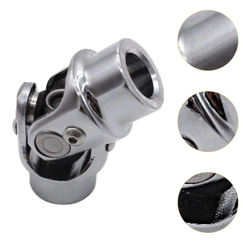 Smooth Single Shaft Universal Joint Made From Premium Stainless Steel For Heavy Duty Car Steering, Quick And Easy Install Kit With 3/4 Inch Ends That Fit Most Vehicles Perfectly. Close-up of stainless steel U joint with 3/4 inch ends
