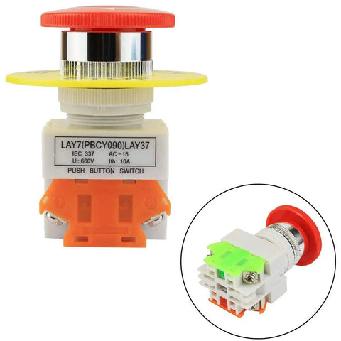 Emergency Stop Push Button Switch 660V 10A Red Mushroom Cap 1NO 1NC DPST Latching Self Lock 22mm Mount Industrial